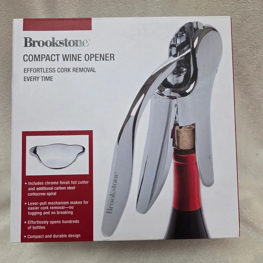 Brookstone Compact Wine Opener Lever Pull Chrome Foil Cutter Extra Spiral NEW